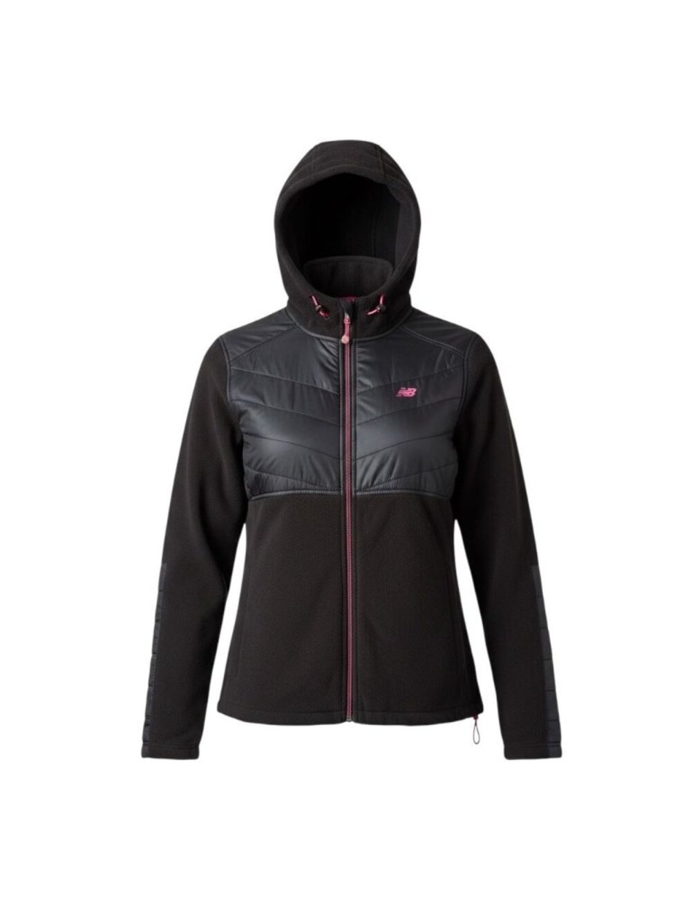 New Balance Womens Quilted Fleece Hooded Jacket Black Pink Large